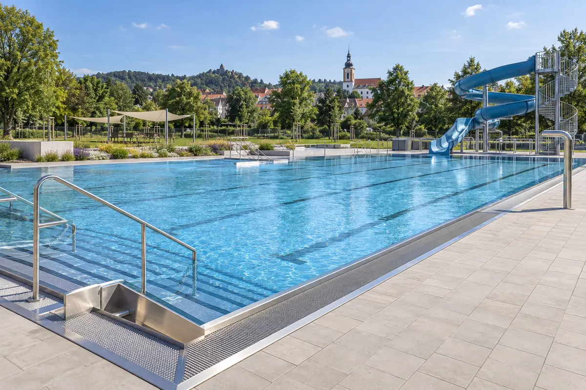 Venkovní koupaliště s nerezovým bazénem a tobogánem