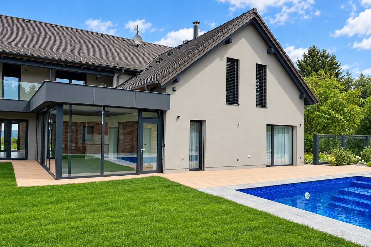 Dokončený rodinný dům s bazénem a prosklenou přístavbou